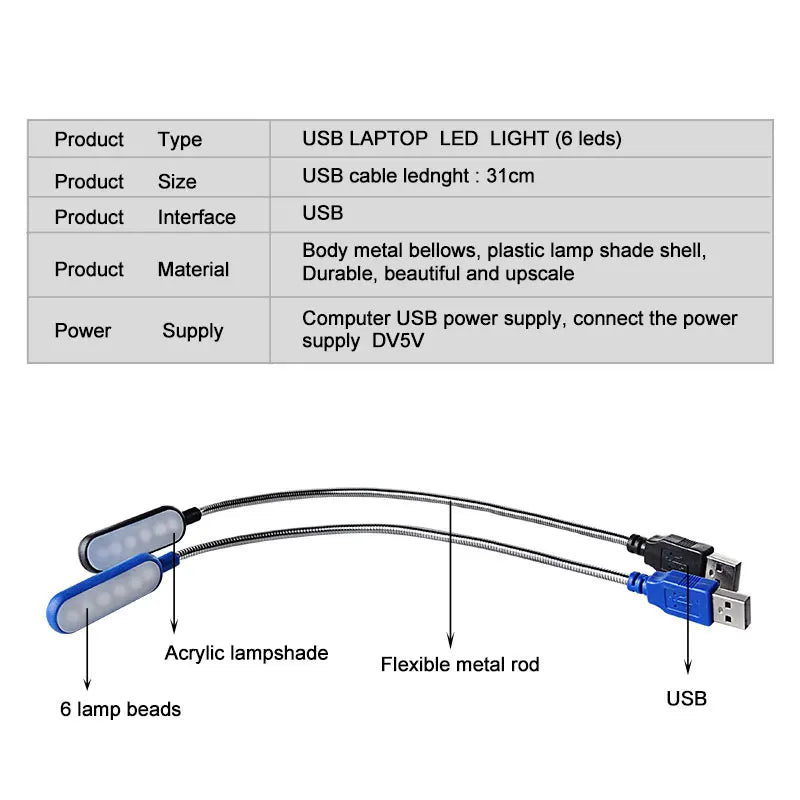 Portable USB LED Mini Book Light Reading Light Table Lamp Flexible 6leds USB Lamp for Power Bank Laptop Notebook PC Computer