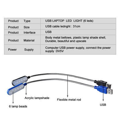 Portable USB LED Mini Book Light Reading Light Table Lamp Flexible 6leds USB Lamp for Power Bank Laptop Notebook PC Computer